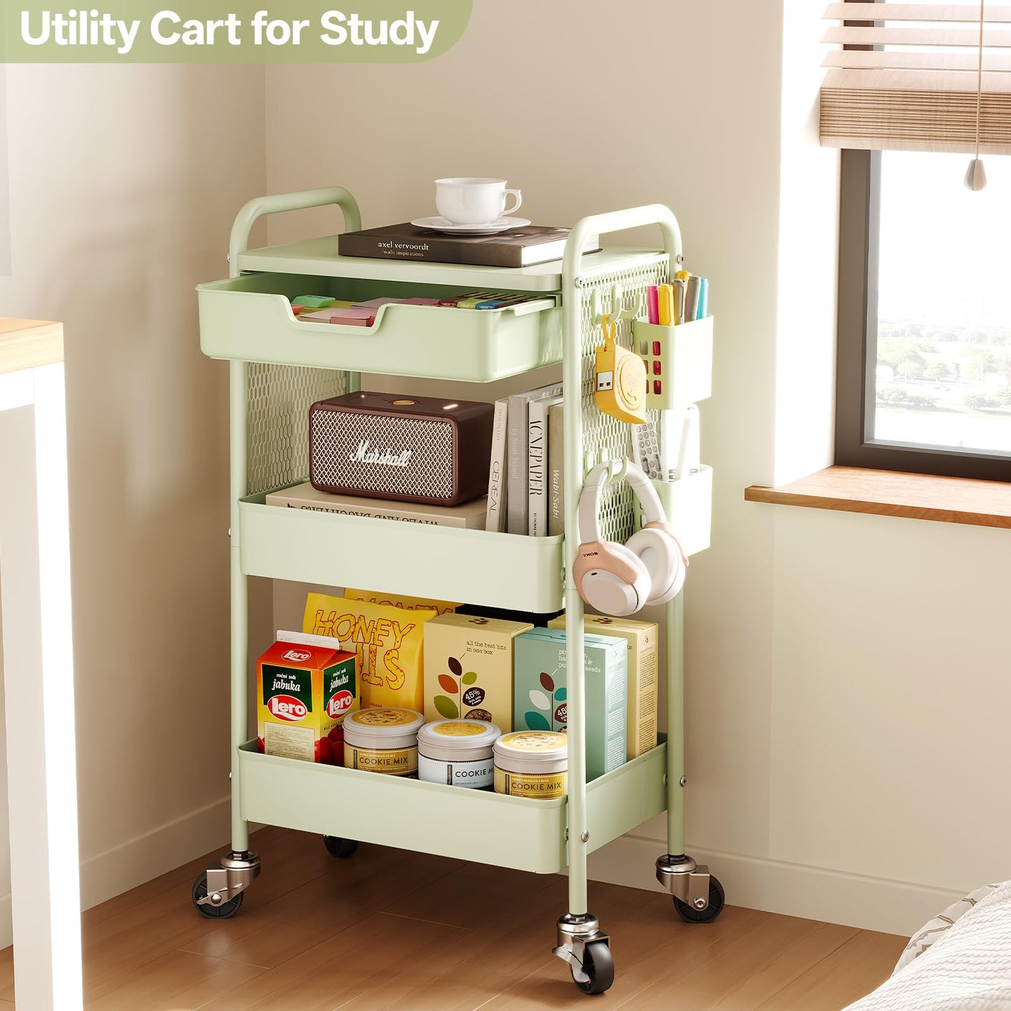 3 Tier Metal Rolling Utility Cart with Drawer & Pegboard - Multifunctional Storage Cart on Wheels with Tabletop, Hooks & Basket, Sturdy Craft & Art Cart for Bathroom, Bedroom, Children Room, Green