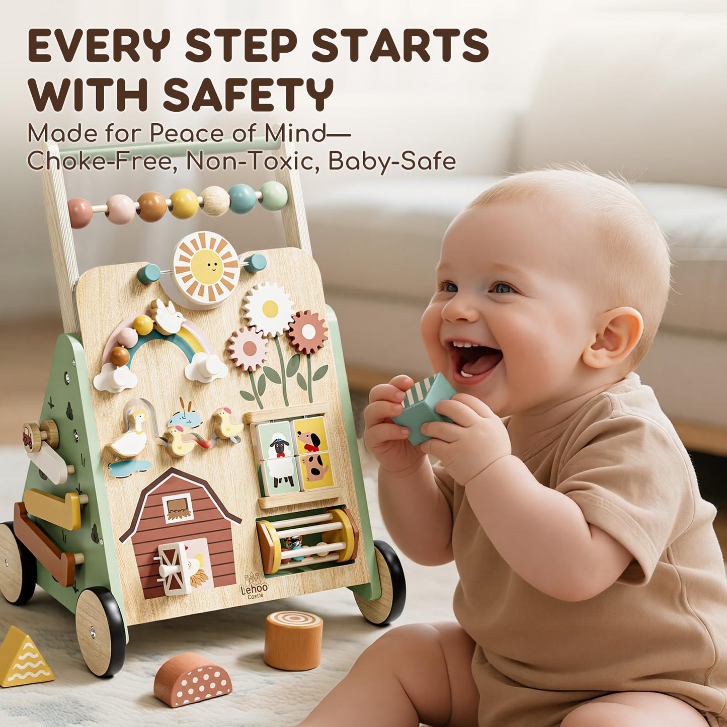 Lehoo Castle Wooden Baby Walker, Adjustable Speed Montessori Walker with Activity Center for Boys Girls, Baby Push Walker Toys for 1 Year Old Learning to Walk