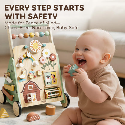 Lehoo Castle Wooden Baby Walker, Adjustable Speed Montessori Walker with Activity Center for Boys Girls, Baby Push Walker Toys for 1 Year Old Learning to Walk