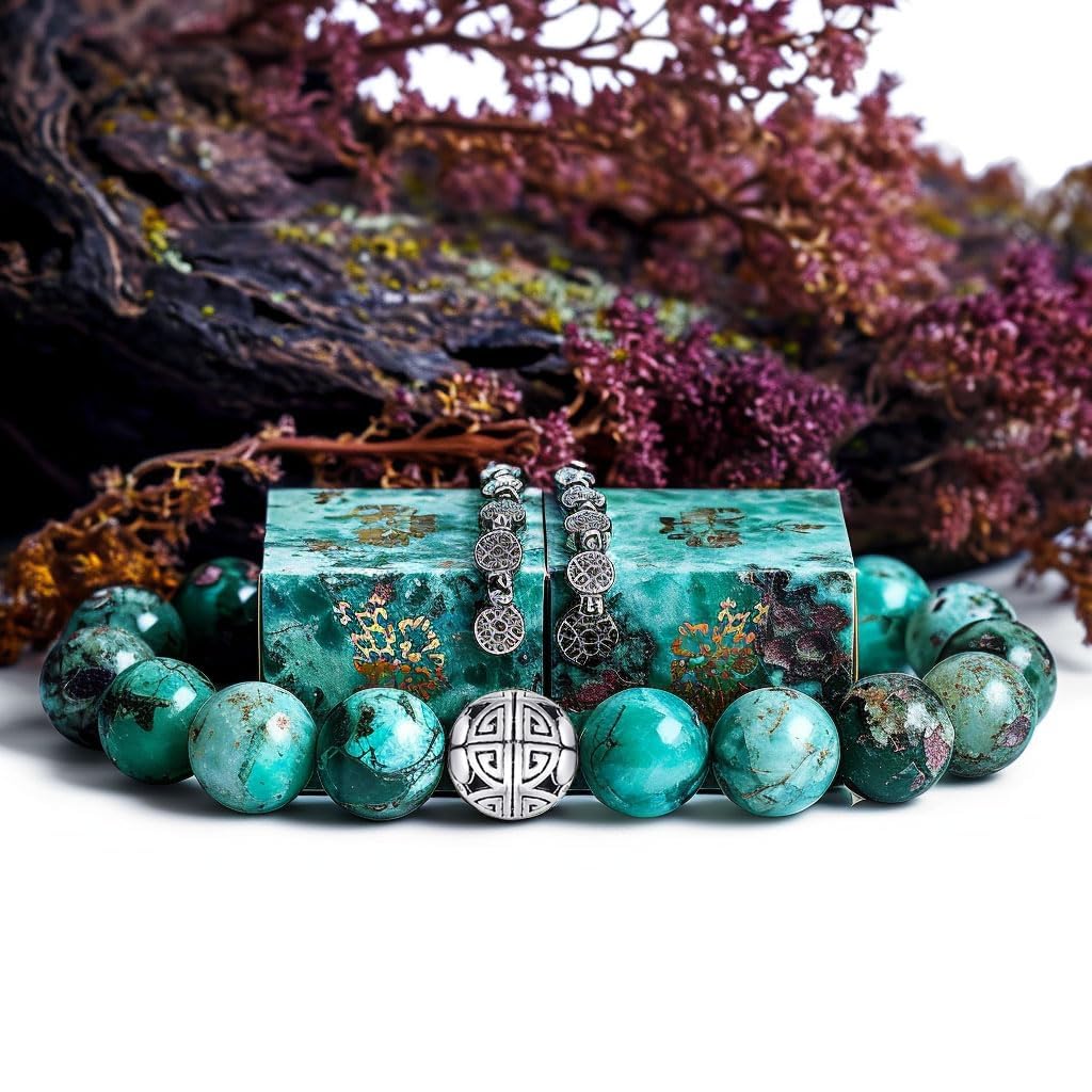 MetJakt Healing Crystals Beaded Bracelets for Womens Natural Gemstone 8mm Beads Stretch Bracelets with 925 Sterling Silver Double Happiness Pendant (African Turquoise AAAAA+)