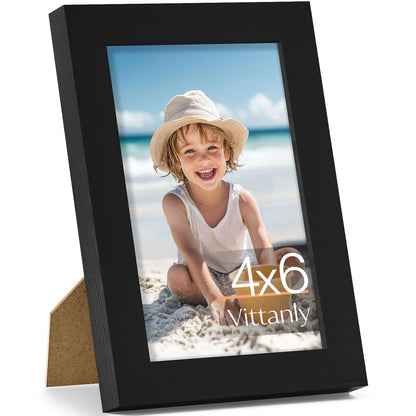 Vittanly 4x6 Picture Frame, Made of Solid Wood and Shatterproof Plexiglass, Wooden Photo Frame for Wall Mounting or Tabletop Display, Picture Frame for Home Decor with Stand, Black, 1 Pack