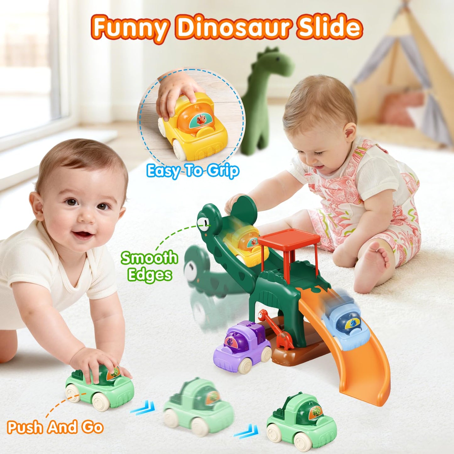 CRATIVWOOD Dinosaur Car Ramp Slide Toy for Toddlers — 4 Push Cars with Race Track, Baby Slide Indoor Toy, Montessori Learning Birthday Gift for Boys Girls 1 2 3 Year Old (Green)