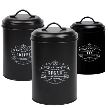 Baie Maison Large Black Kitchen Canisters Set of 3 - Farmhouse Canister Sets for Kitchen Counter - Coffee Tea Sugar Container Set - Rustic Kitchen Canisters for Countertop - Metal Kitchen Decor Jars