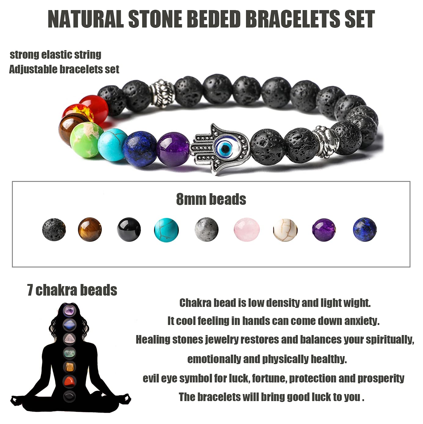 BOMAIL 9pcs Evil Eye Bracelet Set Hamsa 7 Chakra Gemstone Lava Stone Bracelets Blue Evil Eye Hamsa Charm Bead Bracelets for Men Women Hand of Fatima Bracelet