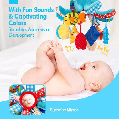 hahaland Baby Toys 0-6 Months - Car Seat Toys Octopus Toy with Pulling Cords, Squeaky, Crinkle, Rattle, Mirror, Montessori Newborn Sensory 4 Month Babies Gift Stroller Carseat Hanging Toy for Baby Gym