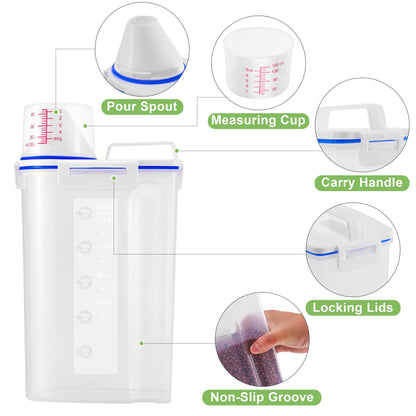 HNNJCK 4 Pcs Set Rice Storage Container 5.5lb, Rice Dispenser with Measuring Cup & Pour Spout for Flour Pasta Grain Pet Dog Cat Bird Food Storage Container