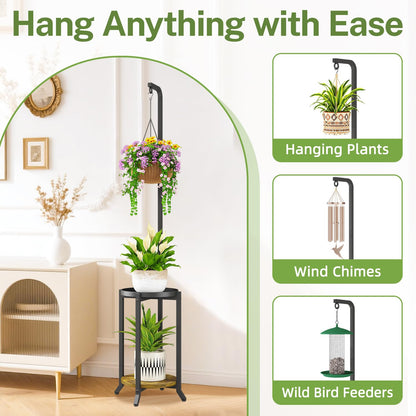 iDavosic.ly 2 Tier Hanging Plant Stand Indoor, Tall Vertical Corner Metal Flower Heavy Duty Pot Holder Shelf for Patio Porch Living Room, Modern Black & Rustic Brown - Round