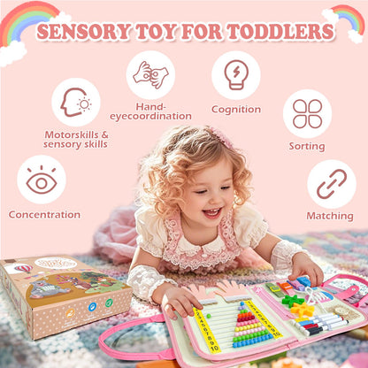 Aurasys Toddler Busy Board Montessori Toys for Girl Birthday Gift,Educational Learning Sensory Busy Book, Airplane Car Travel Activities Toy for Girl(Pink)