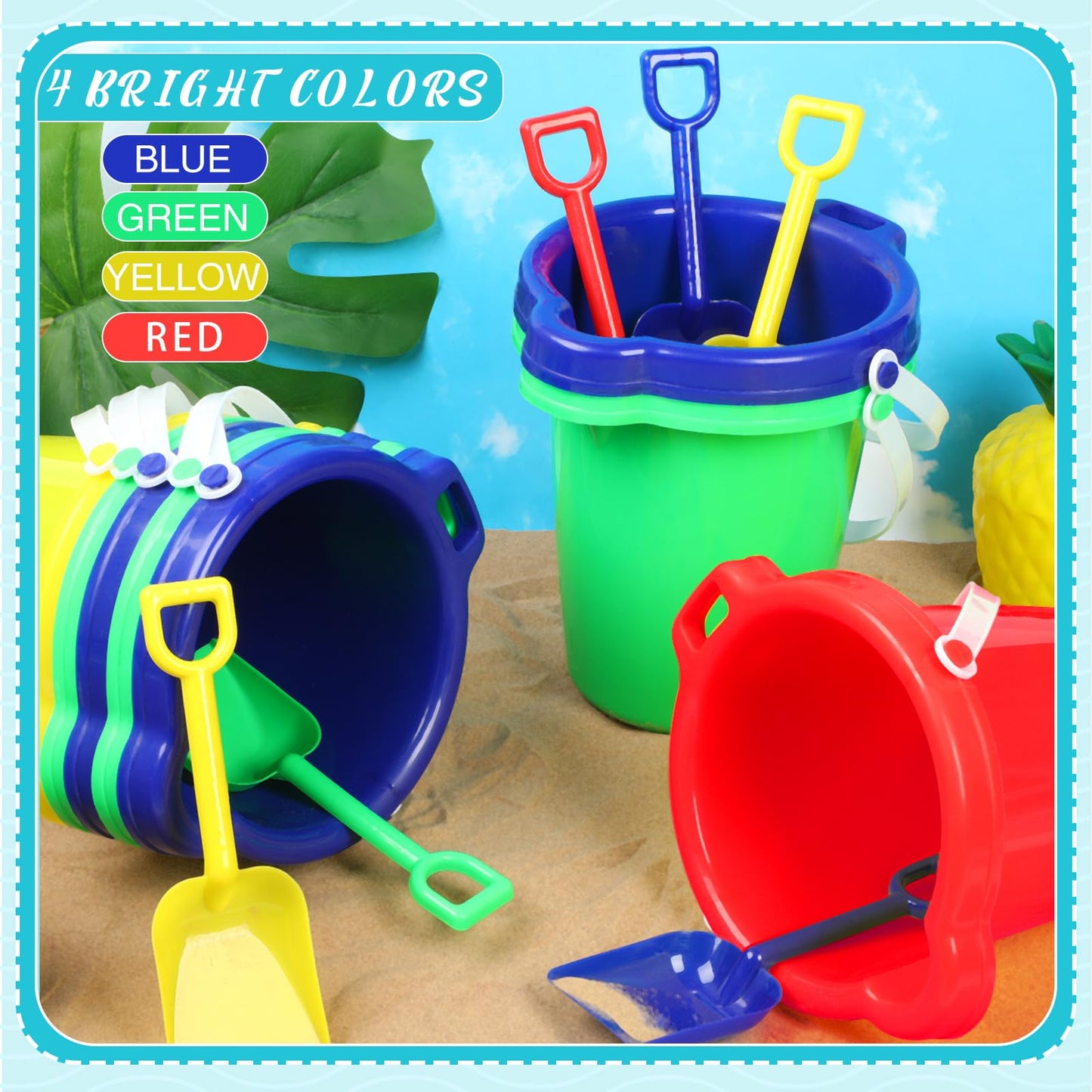Didaey 7.5 Inch Beach Buckets and Shovels Plastic Sand Pails Castle Building Sand Shovel for Boys and Girls Summer Beach Toys Party Favors(12 Set)