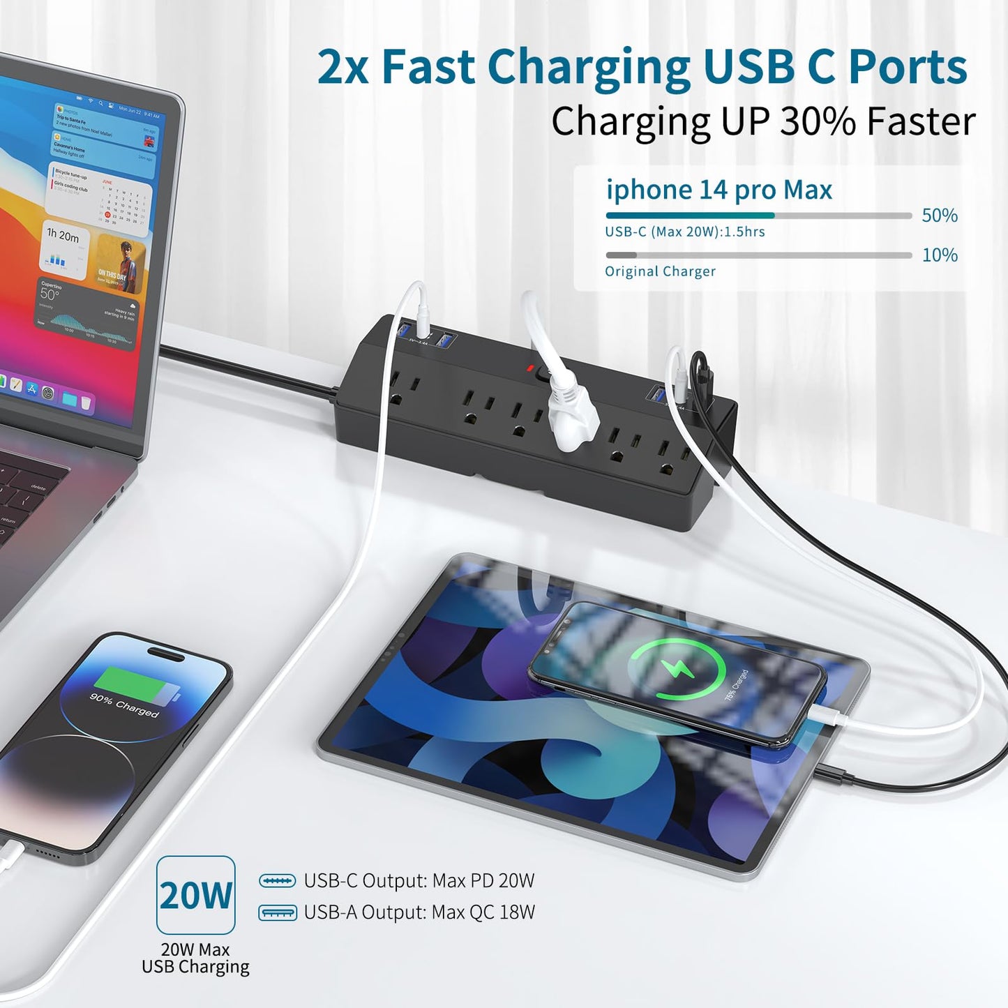 Desk Clamp Power Strip with 40W Fast Charging Station, JXGUCAT 10FT Flat Plug Desk Mount Power Strip Surge Protector, Removable Extension Cord with 2 USB-C Ports 6 Outlets, Fits 1.8" Tabletop Edge
