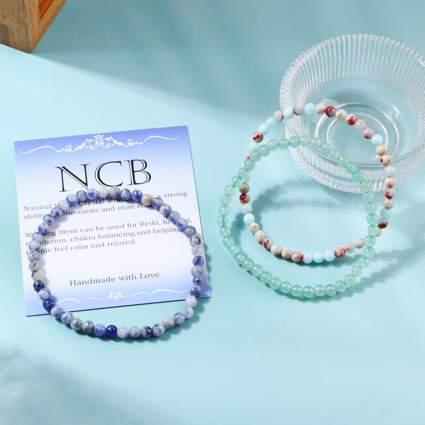 NCB 3-Piece 4mm Natural Crystal Gemstone Stretch Bracelets – ﻿Agalmatolite Jasper, Blue Spot, Green Aventurine Handmade Reiki Energy Healing Jewelry for Meditation,Yoga, Unisex