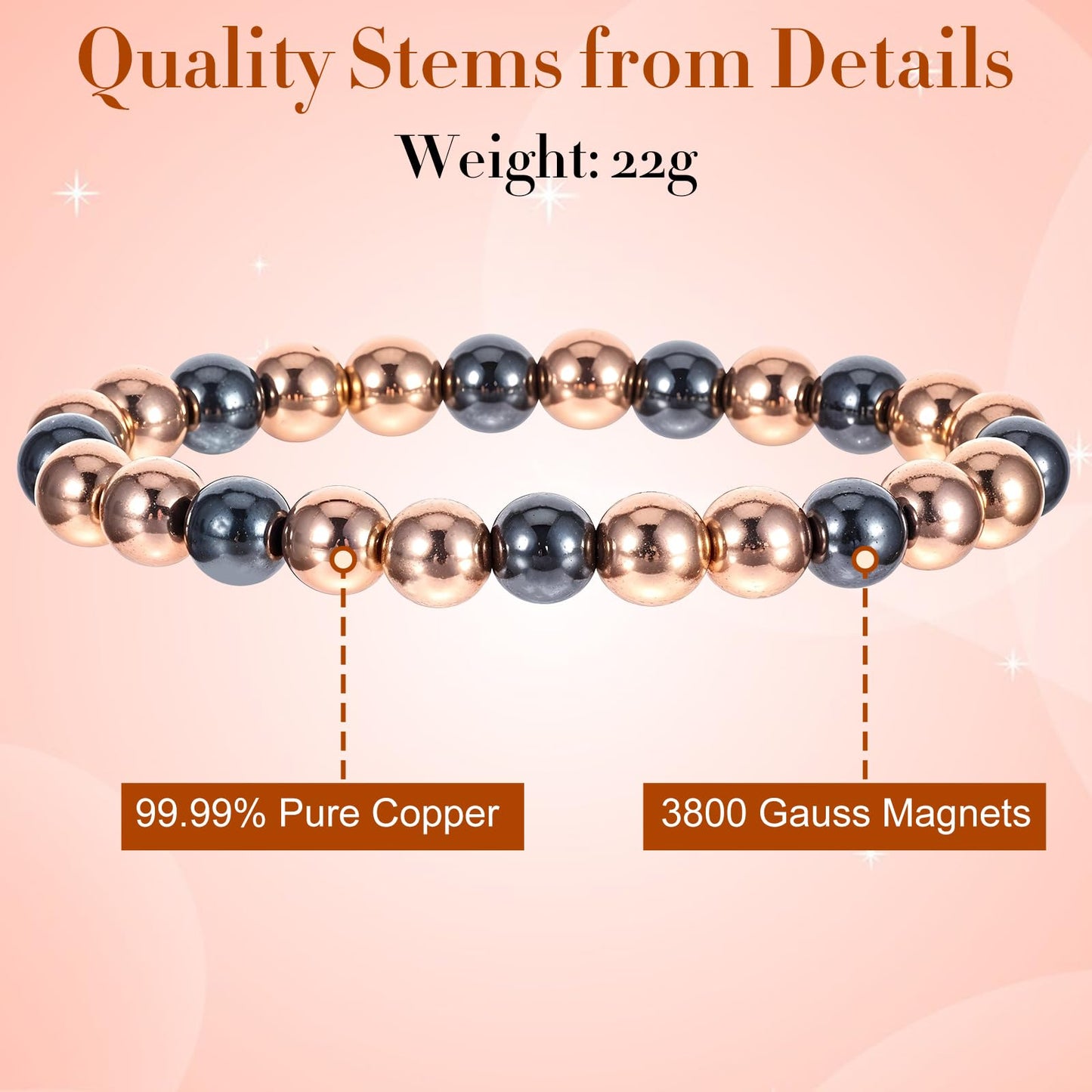 Heclia Copper Bracelet for Women and Men Hematite Beaded Stretch Bracelet with Healing Crystals Adjustable Chakra Balancing Jewelry for Energy Anxiety Relief Gift for Friends Couples Family