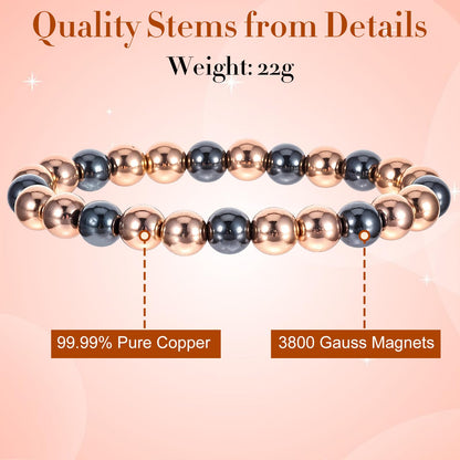 Heclia Copper Bracelet for Women and Men Hematite Beaded Stretch Bracelet with Healing Crystals Adjustable Chakra Balancing Jewelry for Energy Anxiety Relief Gift for Friends Couples Family