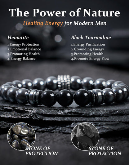 Landorilo Gifts for Men, 8mm Natural Stone Beaded Bracelets, Hematite & Tourmaline Healing Bracelet, Handmade Mens Jewelry Gift for Him, Husband, Son, Father, Friend(Happy Birthday-7.5in)