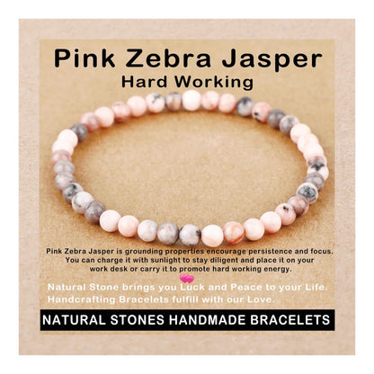 AD Beads Handmade Gemstone Stretch Elastic Bracelet Crystal Healing Reiki Nature's Beauty and Spiritual Essence Unisex (4mm, Pink Zebra Jasper (Hard Working))