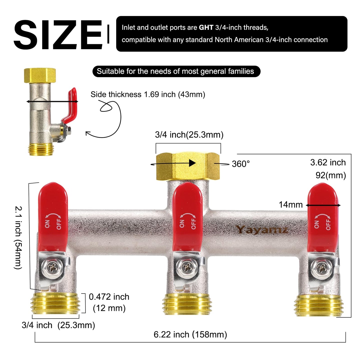Yayamz 3 Way Garden Hose Splitter, Heavy Duty Brass Nickel Plated Rust Resistant Faucet Manifold, 3/4" Frost Resistant Outdoor Hose Adapter Connector，Hose Spigot Adapter with 3 large red handles