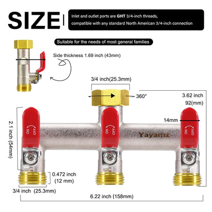 Yayamz 3 Way Garden Hose Splitter, Heavy Duty Brass Nickel Plated Rust Resistant Faucet Manifold, 3/4" Frost Resistant Outdoor Hose Adapter Connector，Hose Spigot Adapter with 3 large red handles