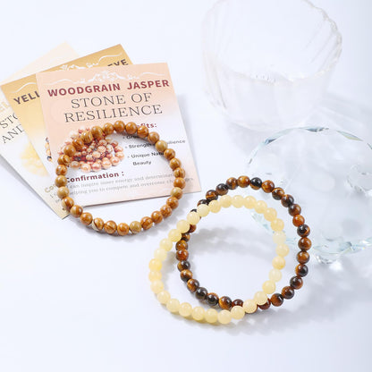NCB 3-Piece 6mm Natural Crystal Gemstone Stretch Bracelets – ﻿Woodgrain Jasper, Yellow Jade, Yellow Tiger's Eye Handmade Reiki Energy Healing Jewelry for Meditation,Yoga, Unisex