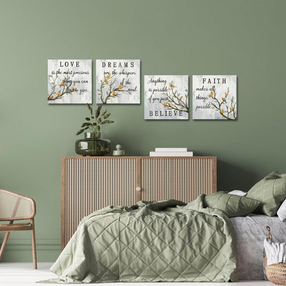 iKNOW FOTO Inspirational Wall Art Canvas Set of 4 Grey Canvas Print Faith Love Dreams Believe Calligraphy Canvas Quotes Motivational Posters for Home Office Decor Each Panel 16x16 Inches (Medium)