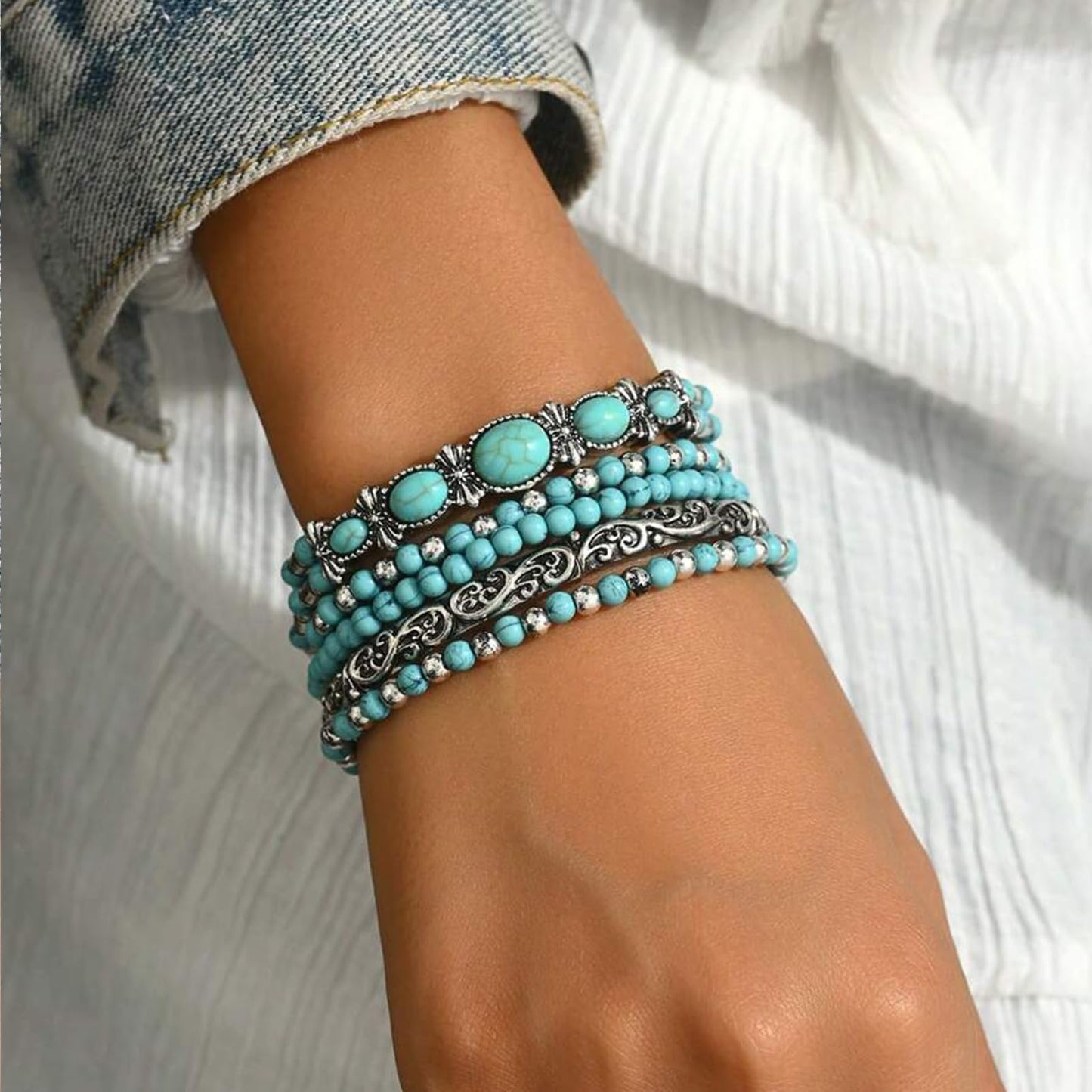 Long tiantian Western Turquoise Bracelet Chic Outfits for Women Boho Native Jewelry Beaded Bracelet Stack Summer Inspired Clothes Concho Country Concert Outfits