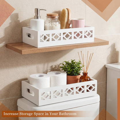 Qunclay 2 Pack White Toilet Tank Baskets Wooden Toilet Tank Top Paper Baskets with Handle Rustic Hollow Bathroom Paper Organizer Holders Farmhouse Decorative Bathroom Storage Box