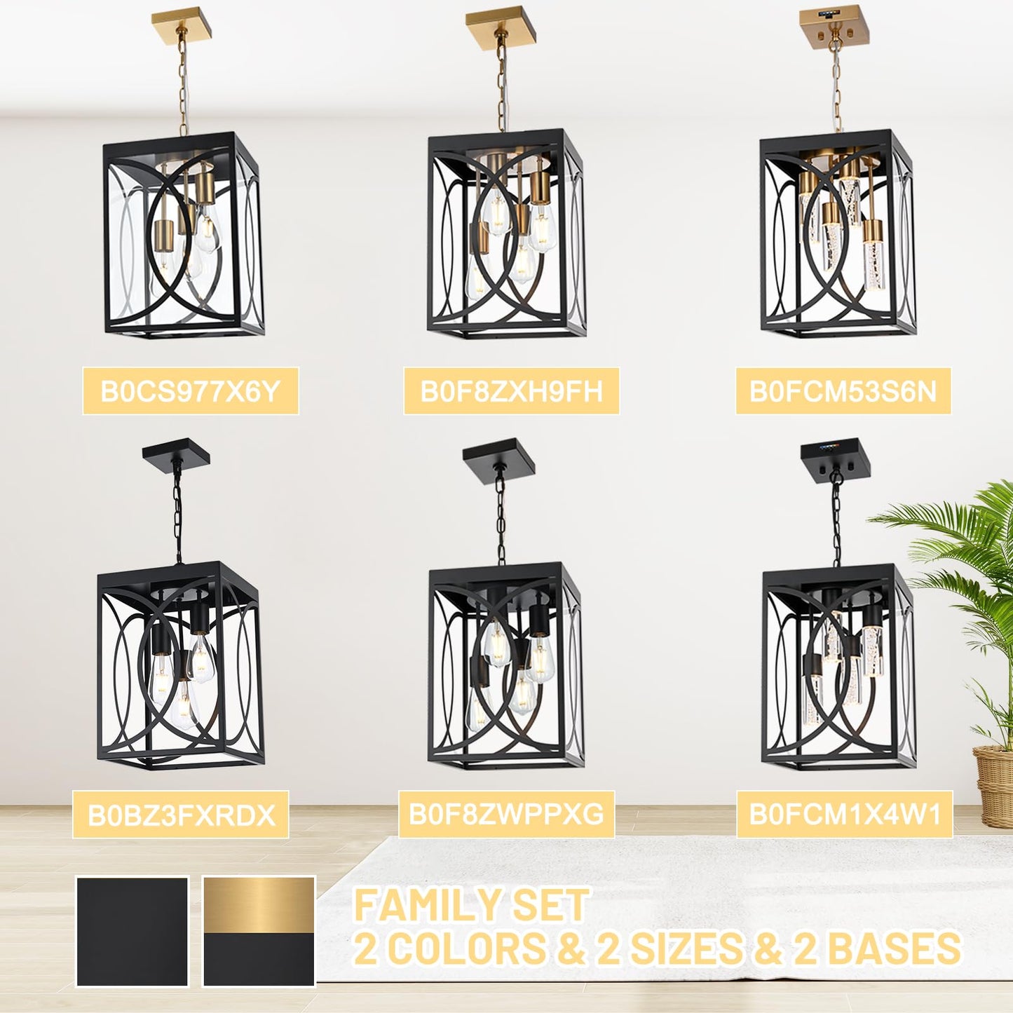 WINSHEN 4-Lights Large Outdoor Pendant Light Fixture, E26 Bulb Base Porch Hanging Lighting in Black & Brushed Brass, Modern Exterior Lantern Chandelier Ceiling Mount for Patio Front Door
