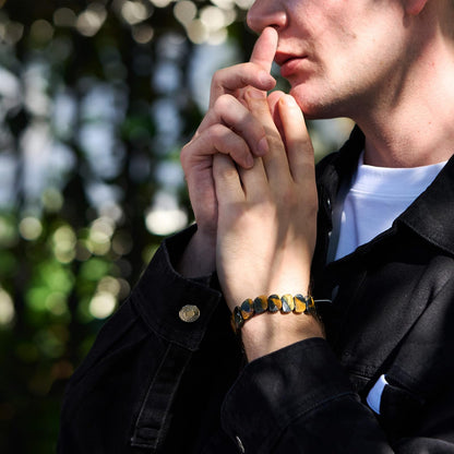 GALKCRST Mens Tiger Eye Bracelet, Unique Leaf Cut Yellow and Blue Tiger Eye Beads, Genuine Premuim Handmade Mens Beaded Bracelet, Grounding and Protection Energy Stone Bracelet for Him