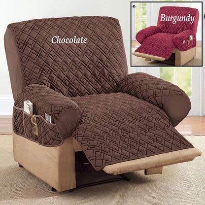 Collections Etc Diamond-Shape Quilted Stretch Recliner Cover with Storage Pockets and Elastic Straps - Furniture Protector, Chocolate, Recliner