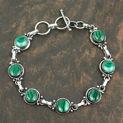 Natural Malachite 925 Silver Plated Green Gemstone Bracelet for Women - April Birthstone Vintage Style Handmade Jewelry Bracelet - Wedding Christmas Gifts for Her