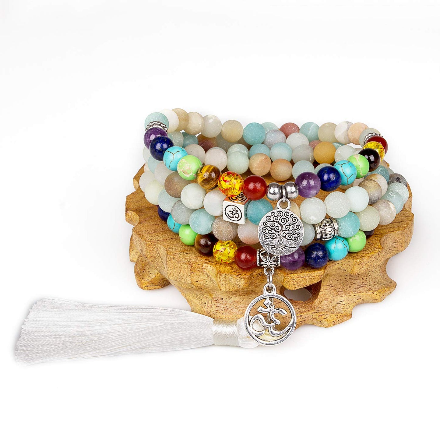PWMENLK 108 Mala Beads Necklace 7 Chakra Buddhist Prayer Beaded Bracelet Tree of Life Pendant Stone Yoga Necklace(tassel amazonite)