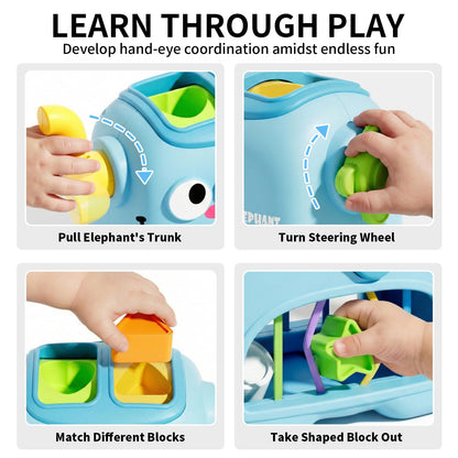 SOCBTNSO Elephant Interactive Shape Sorter Toys for 18 Months+, Montessori Matching & Sorting Toys with 6 Sensory Shape Blocks, Developmental Infant Birthday Gifts for Learning Toddler