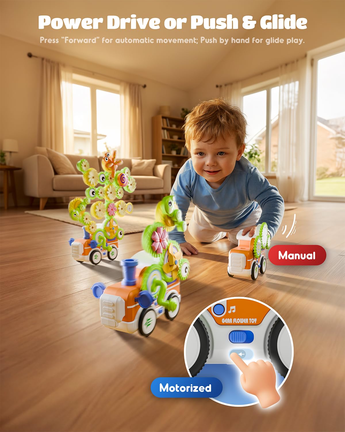 LIGHTDESIRE Montessori Toys for Toddlers 3 4 5 6 Years Old,Musical Baby Toy Train Electric Rotating Gear Flower Building Toddler Learning Toys,Stem Toy DIY Assembly Birthday Gifts Baby Boy Girl,Orange