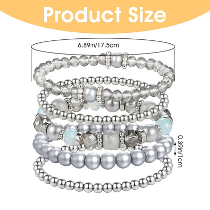 Heclia Beaded Stretch Bracelets Silver Stackable Crystal Beads Bracelets 5PCS Beaded Boho Stretch Bracelet Layering Crystal Stone Bead Bracelet Trendy Costume Jewelry Gifts for Women