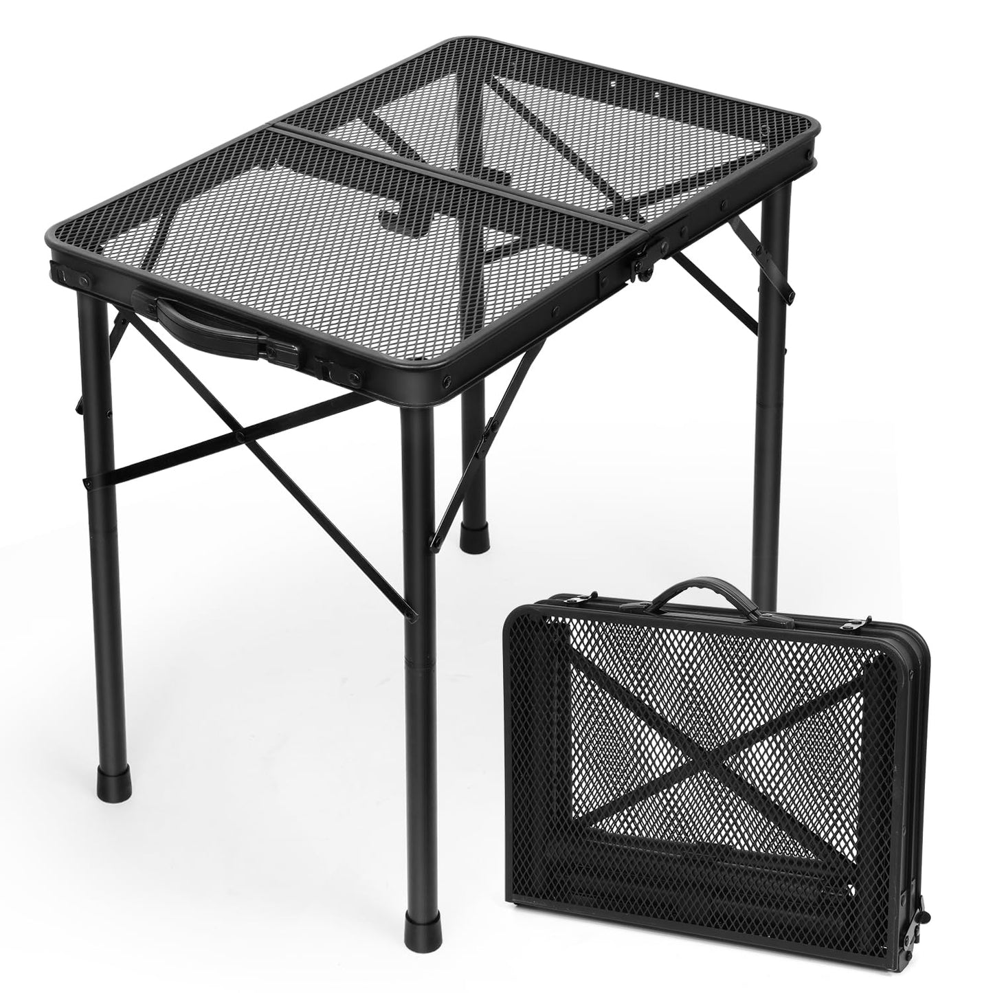 2Ft Small Folding Table with Carry Handle, Camping Table Adjustable Height 10.6–22 in, Black Metal Mesh, Portable & Compact for Outdoor/Indoor,Grill Table, 23.6×15.8 in, 4 lb, 66 lb Capacity
