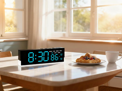 JENLYSTIME 7 Inch LED Digital Alarm Clock with Dual Alarms & Bottom Glow｜Displays Time, Date, Day, Temperature｜3-Level Auto/Manual Brightness, DST, USB or Battery Powered Modern Desk Clock (Blue)