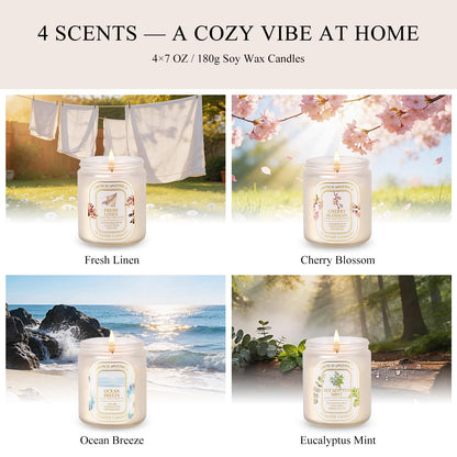 Scented Candle Gift Set, 4 Pack 7oz Natural Soy Wax Aromatherapy Candles, Fresh Linen, Ocean Breeze, Cherry Blossom, Eucalyptus Mint, Ideal Gifts for Women