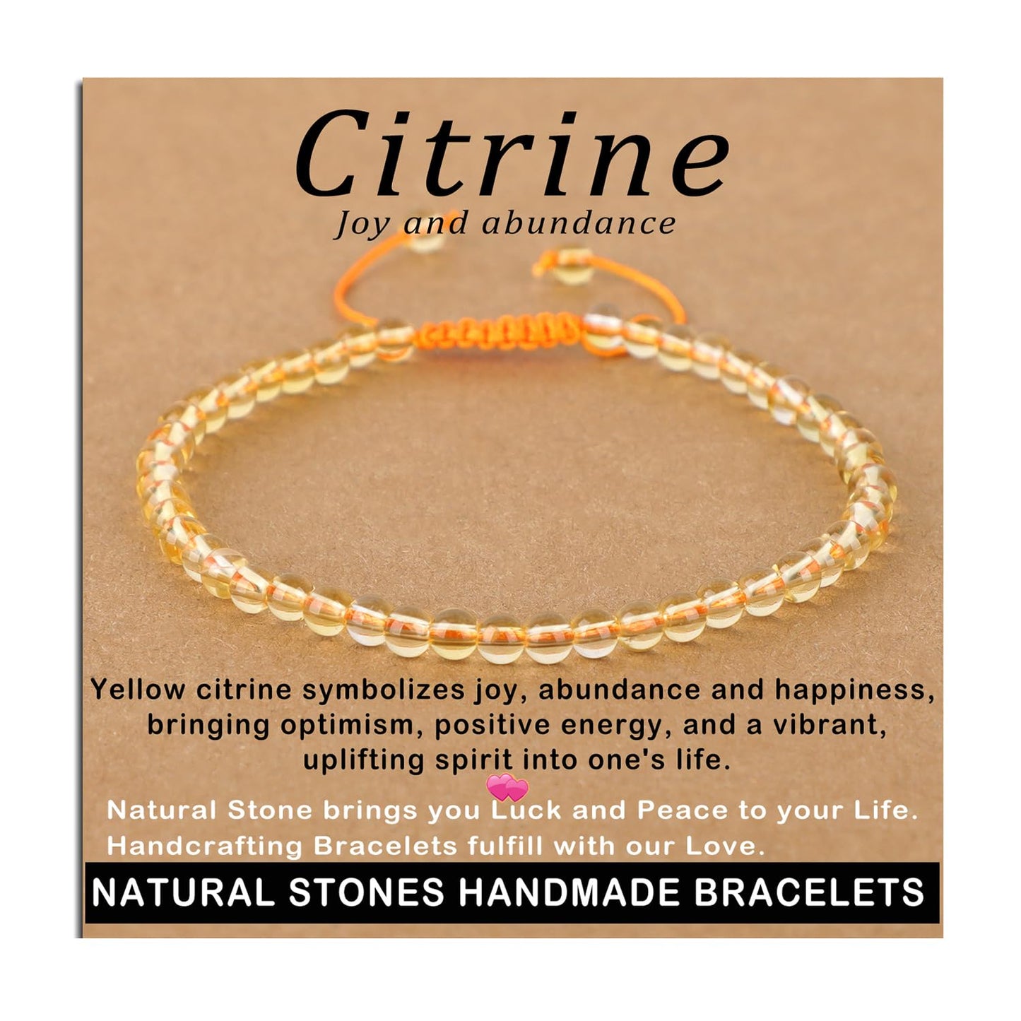 AD Beads 4mm Citrine Bracelet - Stone of Joy and abundance - Handmade Natural Stone Crystal Bracelet with Adjustable Macrame String - Yoga Healing Power Energy Gifts for Men and Women