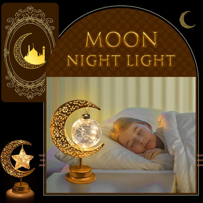Tujoe 3 Pcs Ramadan Decorations for Home Rustic Moon Lamp Ramadan Star Moon Metal Lights Battery Operated LED Crescent Light Eid Decorations for Home Bedroom Table Ramadan Eid Mubarak Party Decor
