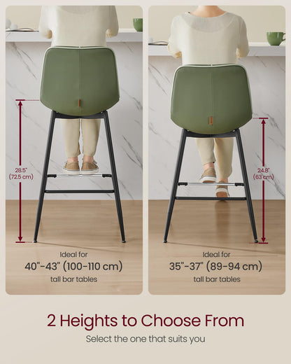 VASAGLE Bar Stools Set of 2, Counter Height Bar Stools with Back, Ergonomic Backrest, Synthetic Leather, Metal Legs, 24.8-Inch Tall Barstools for Kitchen Island Home Bar, Easy Assembly, Forest Green