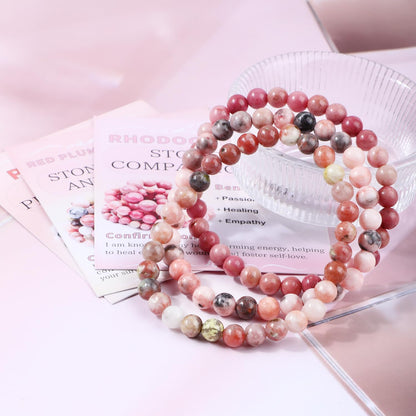 NCB 3-Piece 6mm Natural Crystal Gemstone Stretch Bracelets – ﻿Pink Zebra, Red Jasper, Red Plum Blossom Stone Handmade Reiki Energy Healing Jewelry for Meditation,Yoga, Unisex