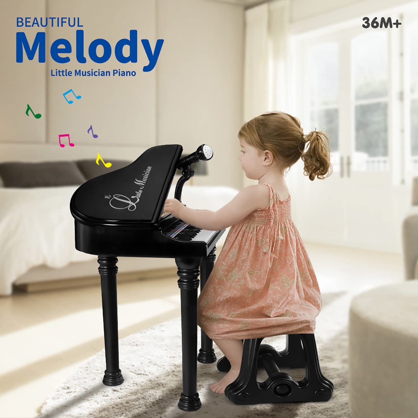 Losbenco Kids Piano Keyboard Toy, Toddler Electronic Musical Instrument Educational Toy with Microphone, Multiple Sounds, Record Playback, Lights & Stool, Birthday Gift for 3 4 5 6 7 Years Old Girls
