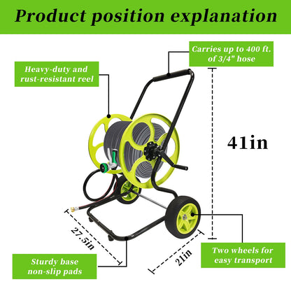 Stainless Steel Garden Hose Reel Cart - Heavy Duty, 10" Rubber Wheels, Holds 400 Feet of 5/8" Hose, For Yard/Lawn (With 5 FT Hose included)