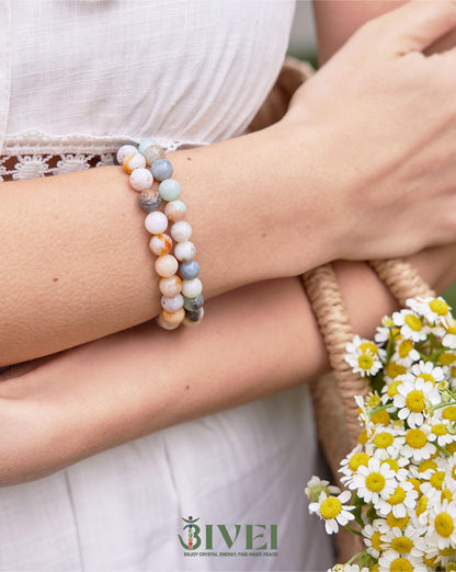Bivei Natural Gemstone Semi Precious Crystals Handmade Stretchy Round Beads Bracelet, Enhance Positive Energy,Stocking Stuffers for Women(Bamboo Leaf Agate & Amazonite (Good Luck) Medium)