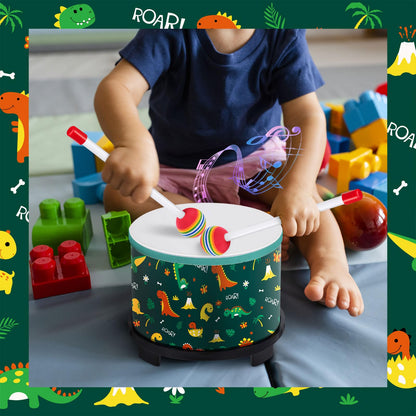 Boao Floor Tom Drum for Kids 8'' W x 6.5'' H Wooden Percussion Instrument Music Drum with 2 Rainbow Mallets Dinosaur Educational Toys for Baby Children Toddler Boy Girl Birthday Gift