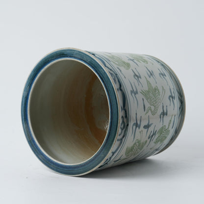 Antique Hand-Painted Flower and Bird Porcelain Pen Holder Old Style Ceramic Planter 9.7 Inch Large Plants Vase Blue & White Porcelain Silla Flower Plant Pots (Green and Blue)