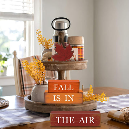 4 PCS Fall Maple Leaf Wooden Table Block Sign Thanksgiving Wood Tiered Tray Decor Fall is in the Air Block Centerpiece Rustic Farmhouse Table Decorations for Autumn Thanksgiving Home Desk Shelf Decor