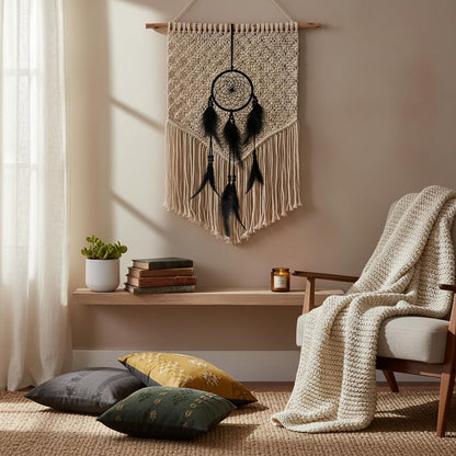Handmade Large Wood Beads Dream Catcher Dreamcatcher Craft Hanging Pendant Ornament Gift for Living Room Home Decoration Wedding and Festivals (Black)