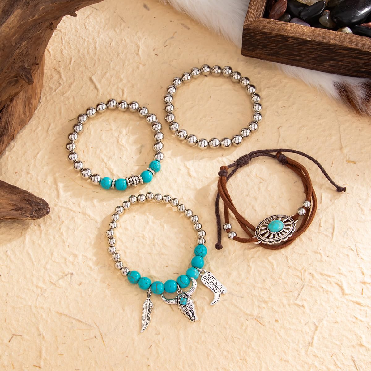 Hclian Western Bracelets for Women Turquoise Beaded Boho Strand Bracelet Stack Adjustable Cowgirl Country Jewelry Set for Women