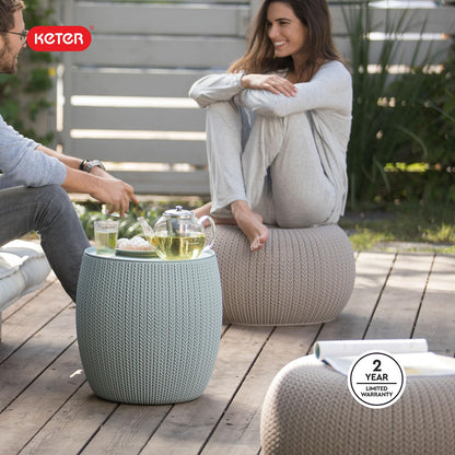 Keter Urban Knit Pouf Ottoman Set of 2 with Storage Table for Patio and Room Décor - Perfect for Balcony, Deck, and Outdoor Seating, Misty Blue & Taupe