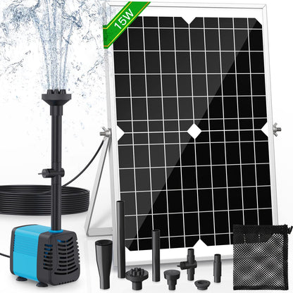 FEOXSHAL 15W Solar Fountain Pump, 190GPH Submersible Solar Powered Water Pump with Adjustable Flow & 4 Nozzles, Anti-Clog Barrier Bag for Bird Bath, Outdoor Pond, Garden Water Features, Pool
